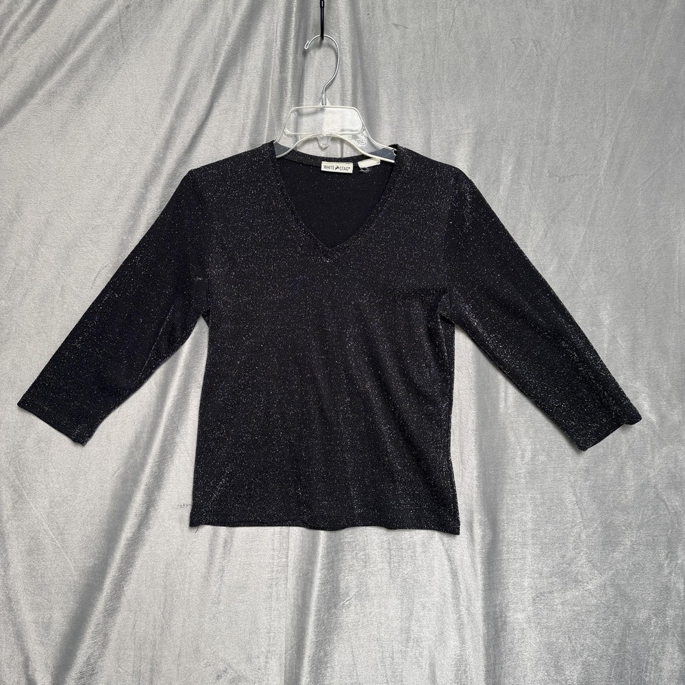 White Stag Shirt Womens Small‎ Black Shimmer V Neck 3/4 Sleeve Metallic Knit